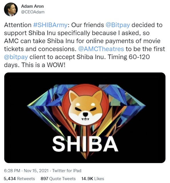 AMC CEO Says Bitpay Will Support Shiba Inu — AMC Set to Accept SHIB Next Quarter – Altcoins Bitcoin News