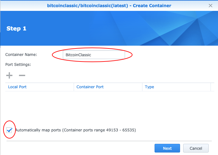 Bitcoin Classic Node setup wizard on Synology Disk Station