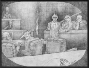 Drawing created by Ross Ulbricht in prison. His interpretation of the trial. 