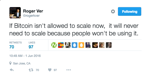 Roger Ver tweet on larger bitcoin block sizes
