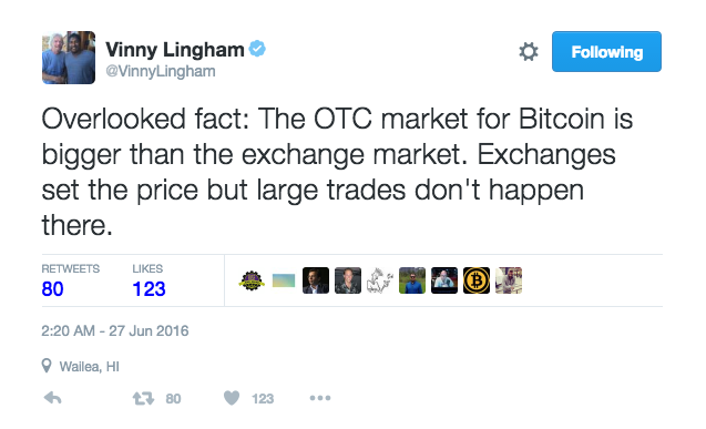 Vinny Lingham Tweet on OTC trading levels