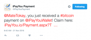 Receiving bitcoins on Twitter, via iPayYou.