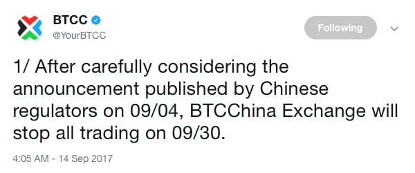 Bitcoin Exchange BTCC to Halt Trading as Regulatory Storm Brews in China