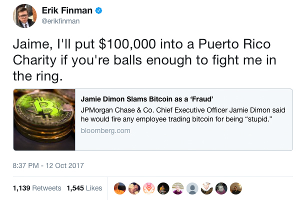 Bitcoin Millionaire Erik Finman Challenges Jamie Dimon to a Boxing Match