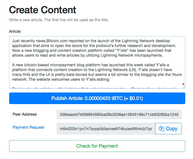 Y'alls Platform Allows Article Monetization Using Lightning Network Micropayments