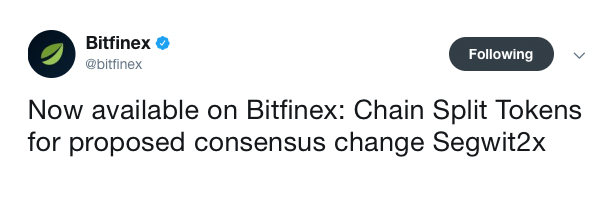 Bitfinex Launches Segwit2x 'Chain Split Tokens'