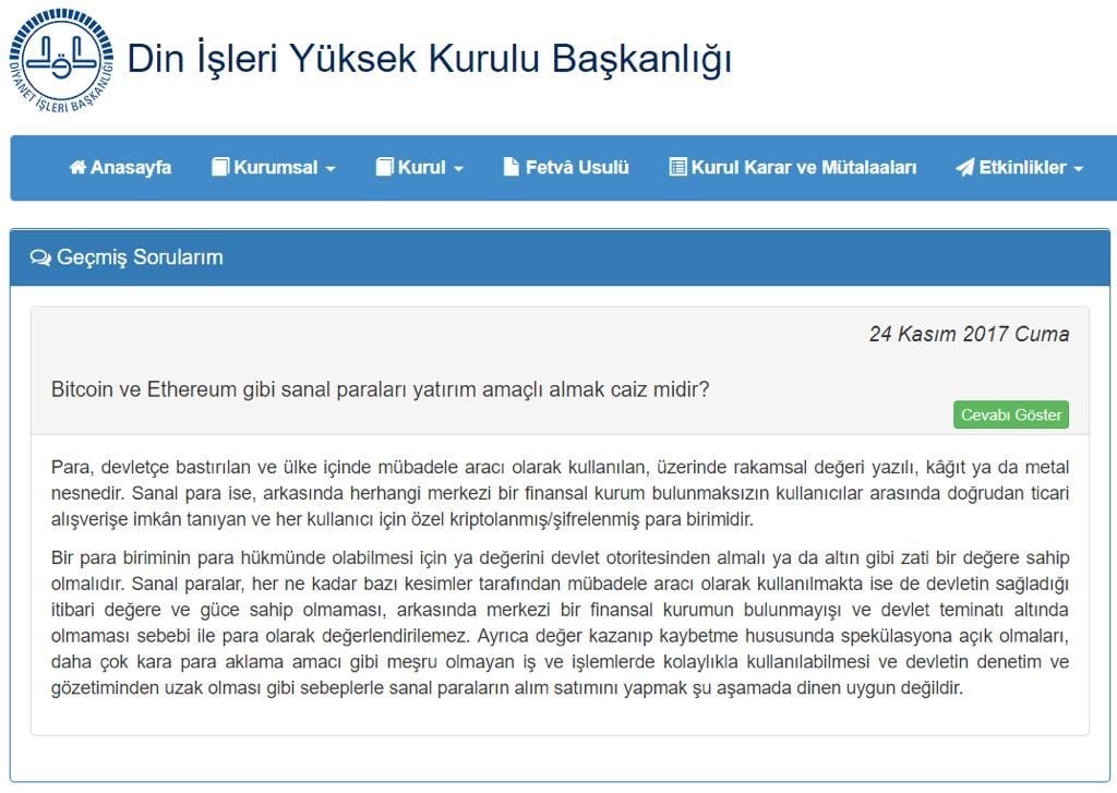Turkey Religious Authority: Bitcoin "Not Appropriate to Buy or Sell" for Islamic Believers