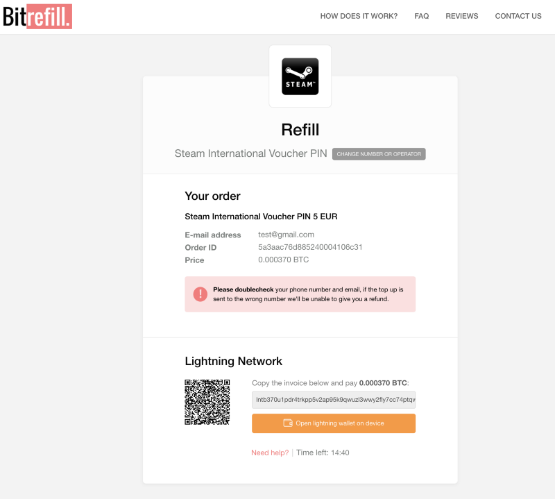 Real Bitcoin Lightning Network Payment Completed on Bitrefill