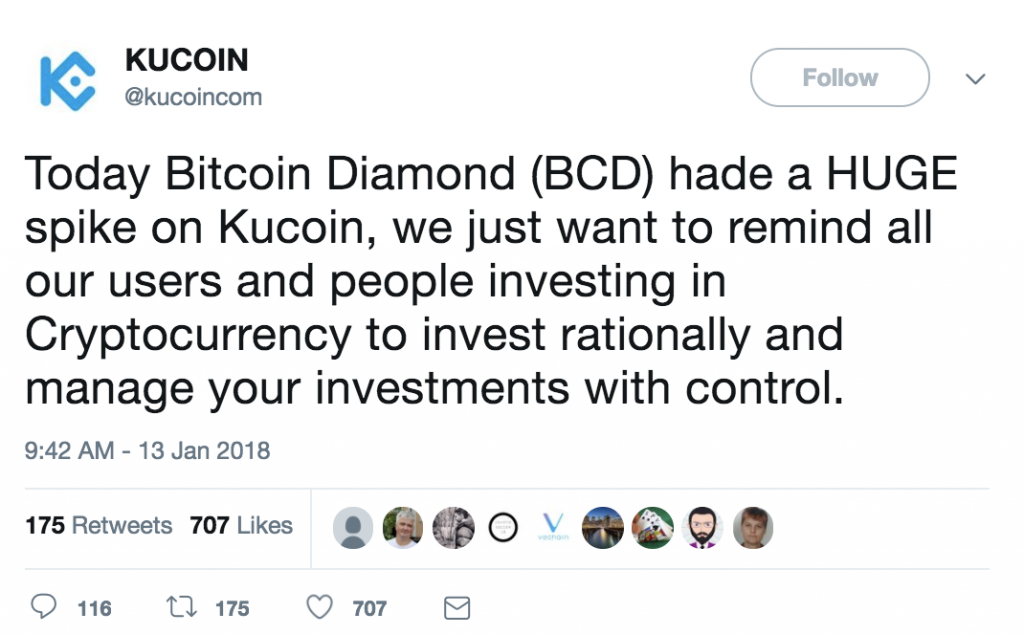 Kucoin Issues a Warning After Bitcoin Diamond Soars 40x and Then Crashes