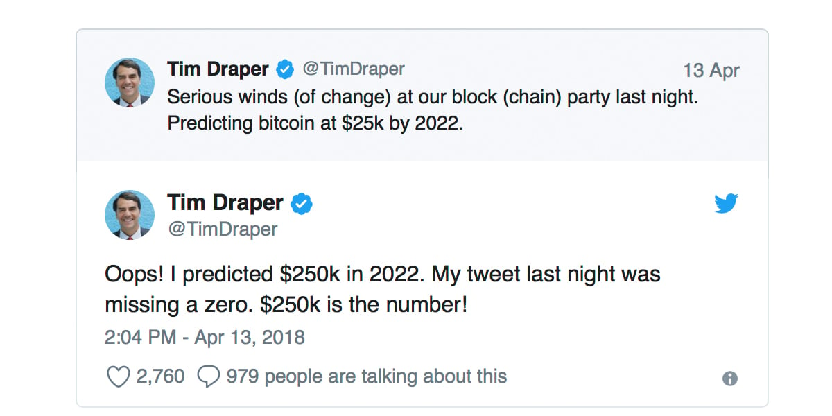 Tim Draper's Four Year Bitcoin Price Prediction — $250K by 2022