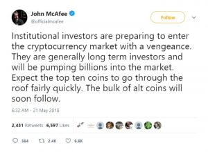 Bitcoin in Brief Wednesday: McAfee Predicts Bull Run Lead by Institutional Investors as Crypto Markets Dip