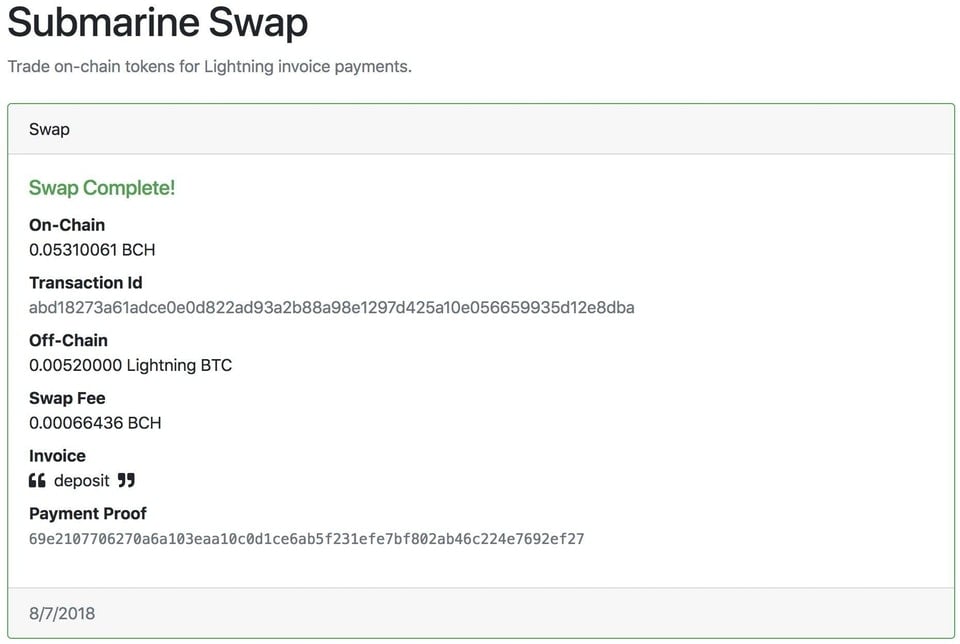 On-Chain BCH Used in a Submarine Swap for off-Chain BTC