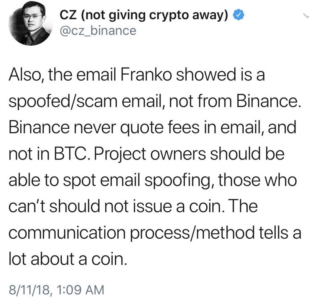 Binance Denies 400 BTC Listing Quote; Accuser Responds, “You are a F***king Liar”