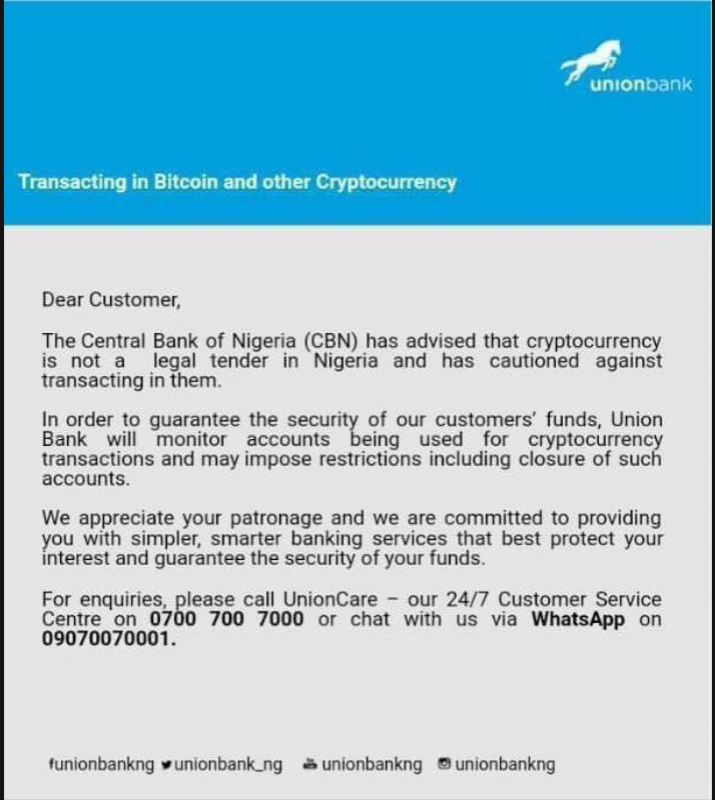 Nigeria’s Union Bank Threatens to Shut Down Cryptocurrency-Related Accounts