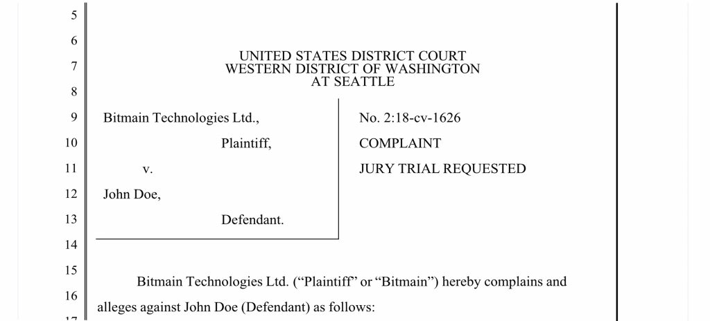 Bitmain Files 'John Doe' Lawsuit in the State of Washington