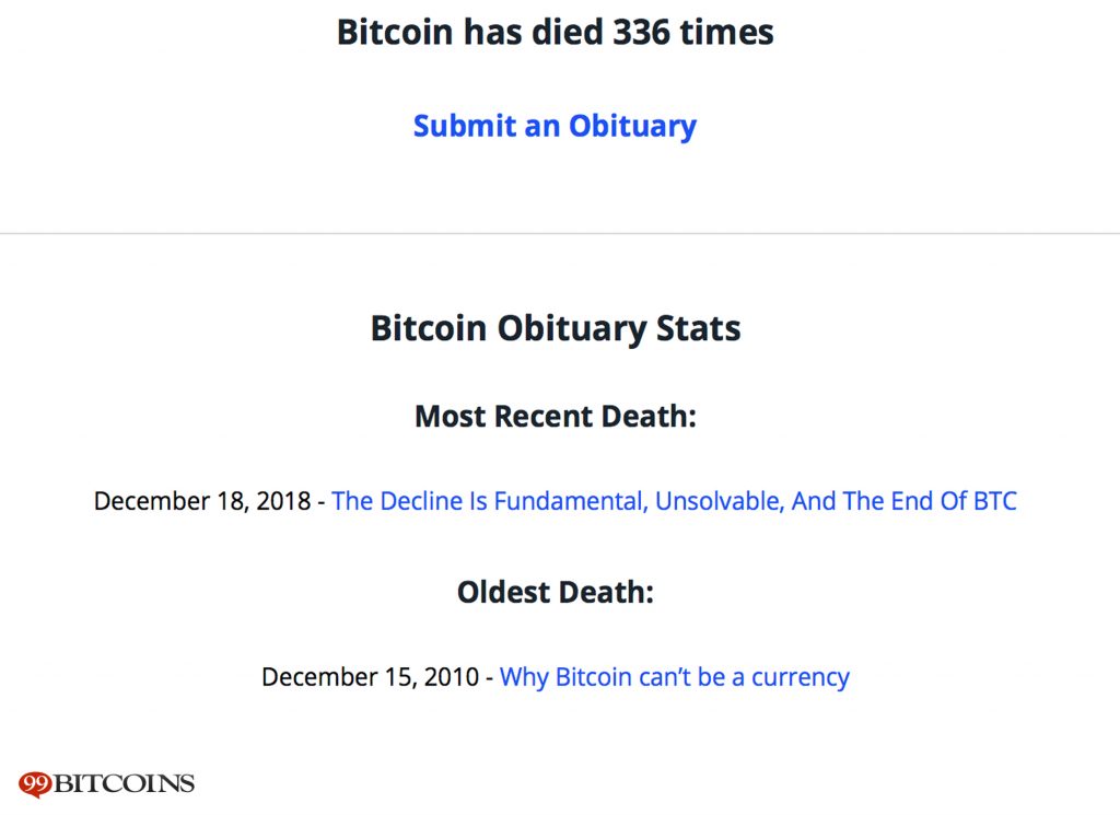 bitcoin obituaries bitcoin dvejetainiai parinktys brokeriai