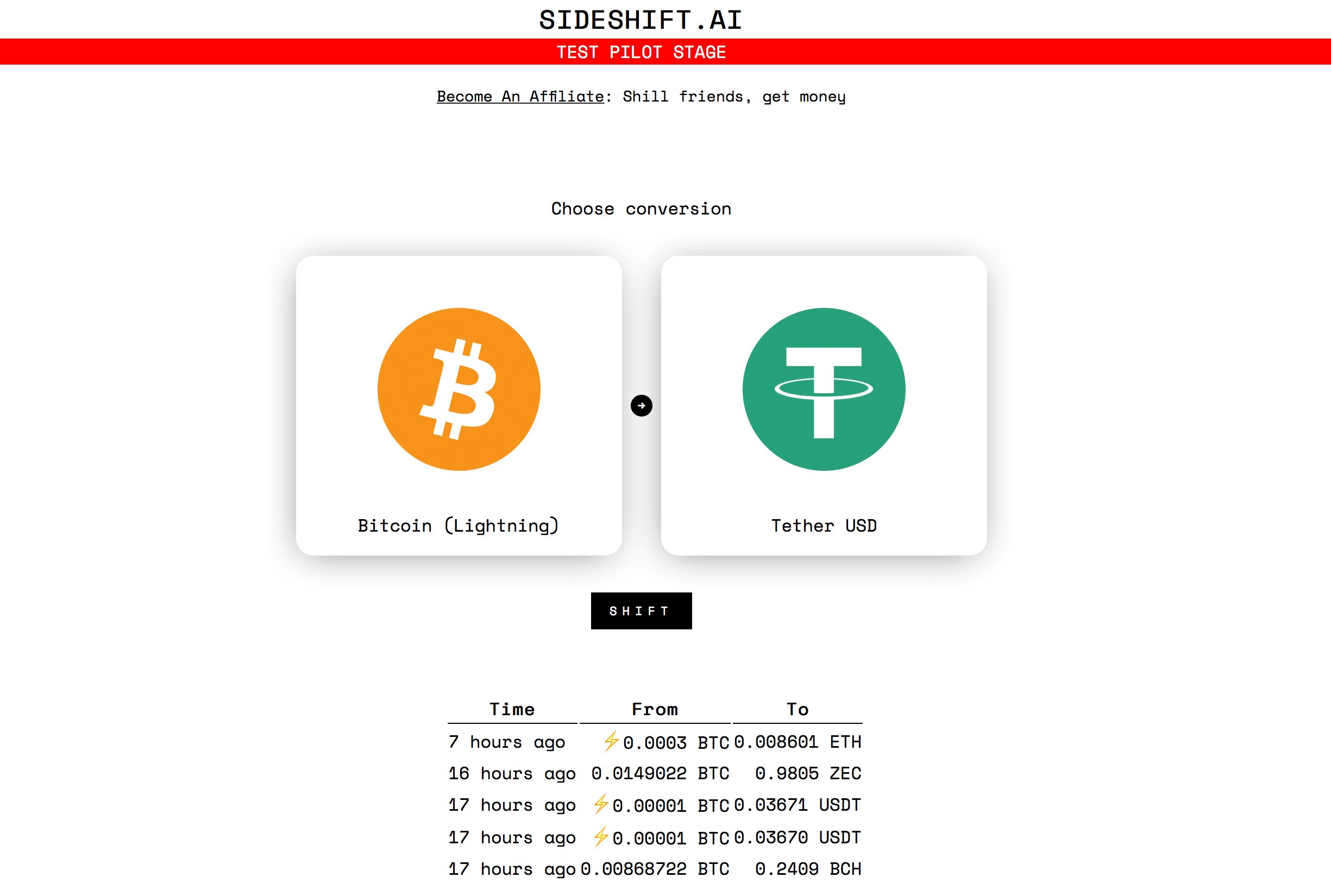Sideshift App Demonstrates a Trade Between Lightning Network BTC and Tether 