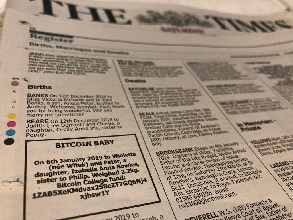 Newspaper Ad Seeks Donations for Bitcoin Baby’s College Fund