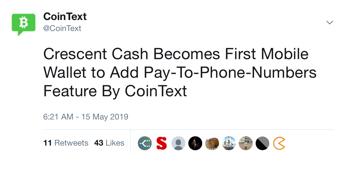 Crescent Cash Users Can Now Send Bitcoin Cash Via Text Message