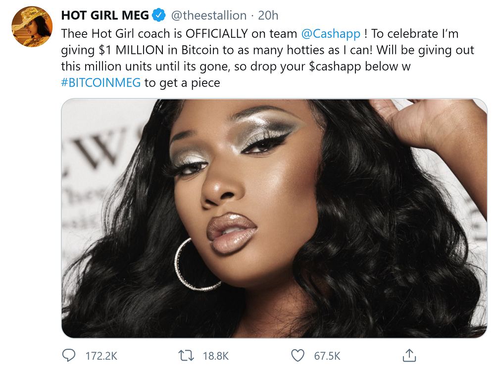 $1 Million Bitcoin Giveaway: Rapper Megan Thee Stallion Hands Out Free BTC on Twitter