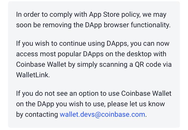 Coinbase Wallet Removing Mobile Dapp Browser to Comply With Apple