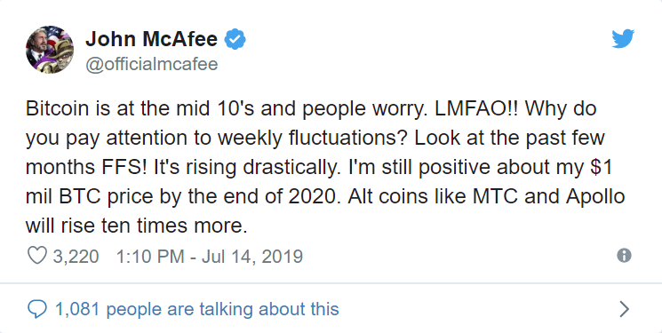 Only 375 Days Left for McAfee's $1M Bitcoin Price Wager