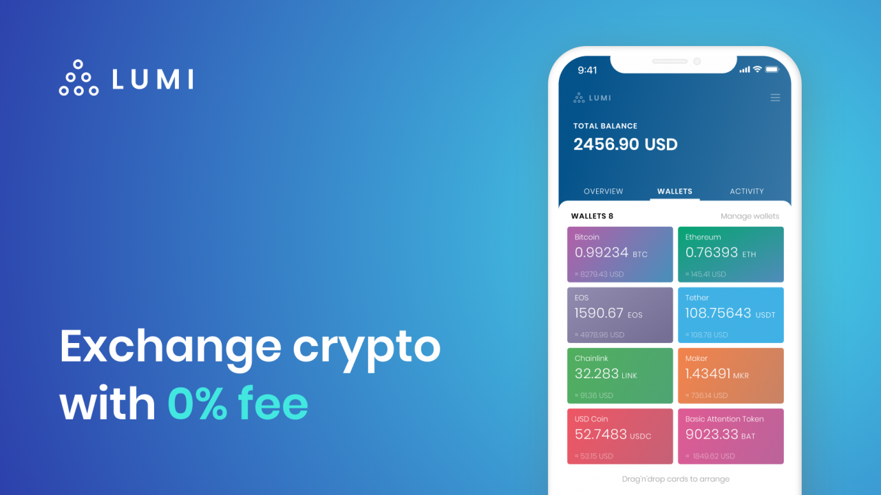Exchange crypto with 0% Fees in Lumi Wallet
