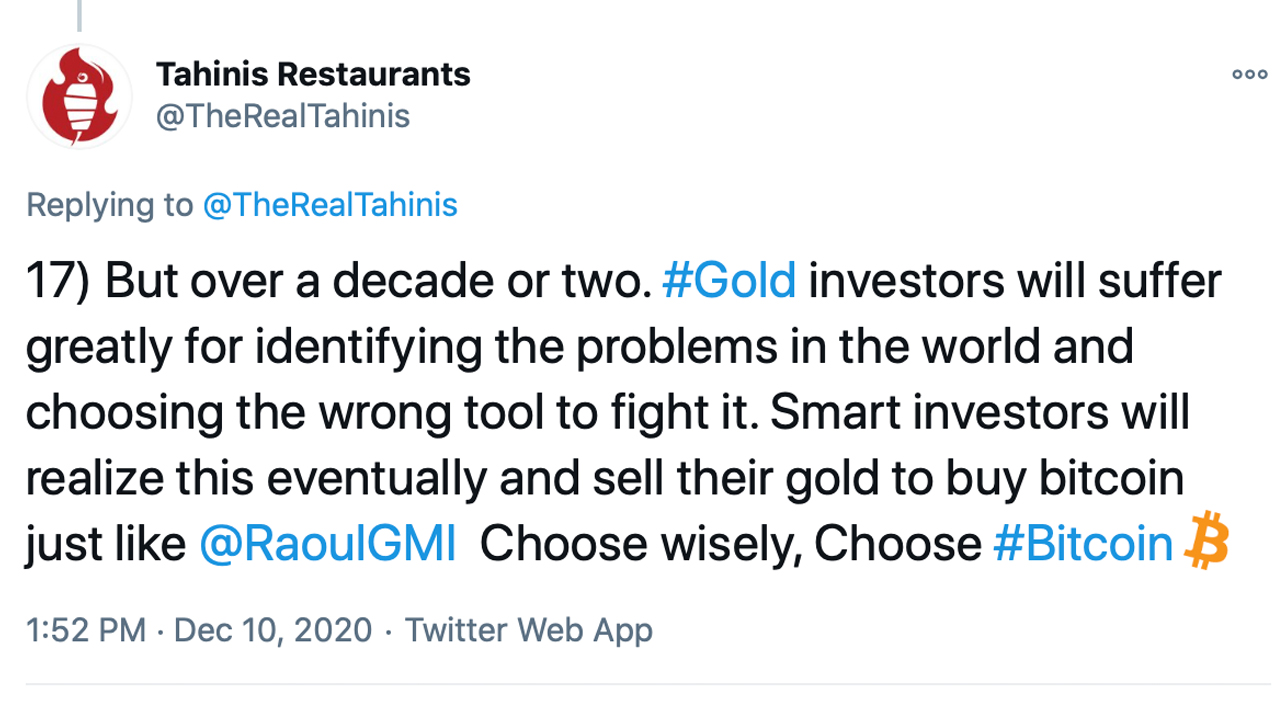 Restaurant chain that converted its cash reserves to Bitcoin says the days of gold's safe haven are numbered