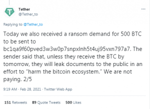 Stablecoin Issuer Tether Says It Is a Victim of a 500 BTC Ransom Demand Infoleak Threat