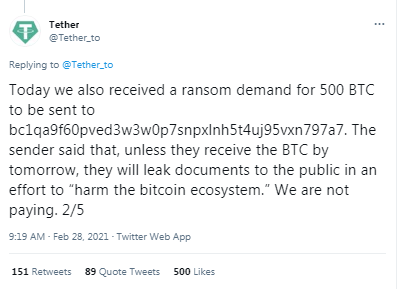 Stablecoin Issuer Tether Says It Is A Victim Of A 500 Btc Ransom Demand 