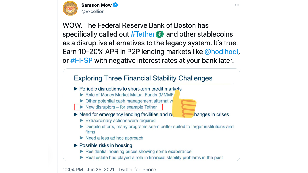 Boston Fed Chairman Says Tether and Stablecoins Could Destroy Money Markets 