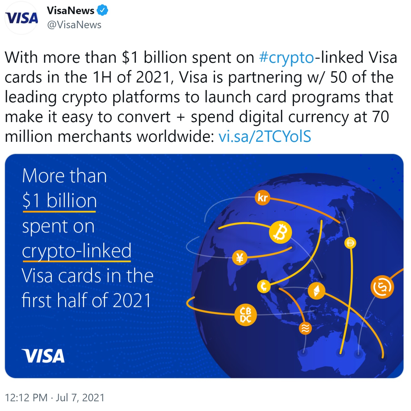 Visa y 50 plataformas criptográficas para permitir pagos con criptomonedas en 70 millones de comerciantes
