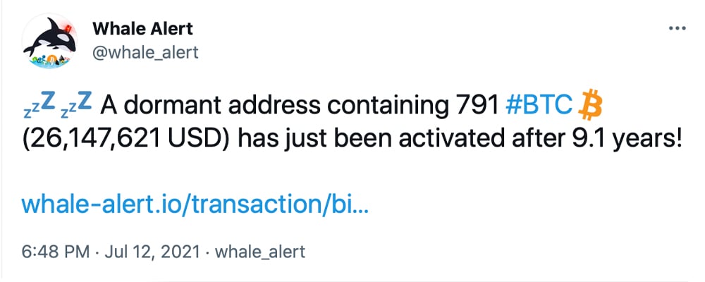 2012 Wal is transferring $ 26 million worth of Bitcoin after BTC was idle for 9 years