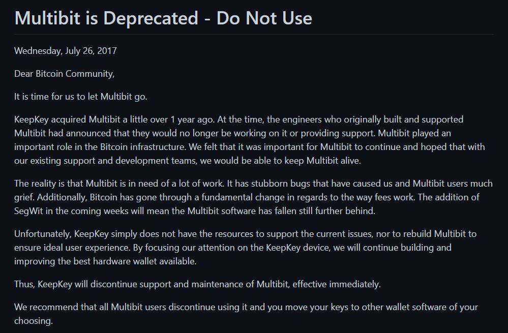 Last notice from the Multibit team (Wednesday, July 26, 2017)