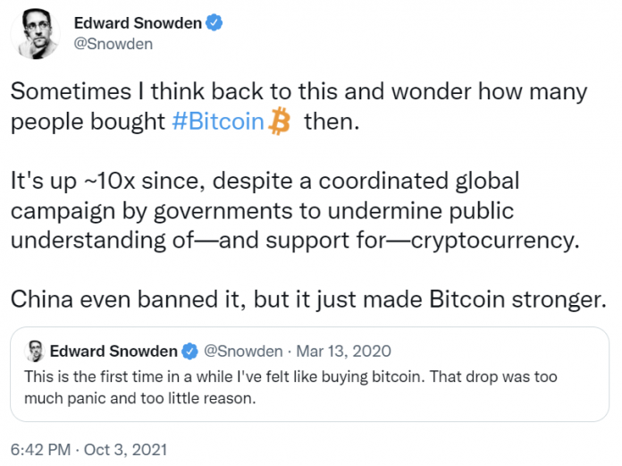 snowden tweet | Edward Snowden Says Bitcoin Up 10x Since He Tweeted About Buying It, China’s Ban Makes BTC Stronger | The Paradise