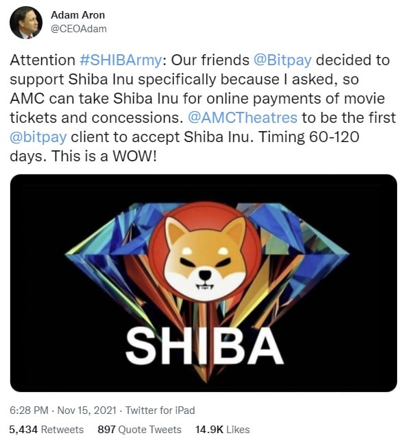 aron tweet AMC CEO Says Bitpay Will Support Shiba Inu — AMC Set to Accept SHIB Next Quarter