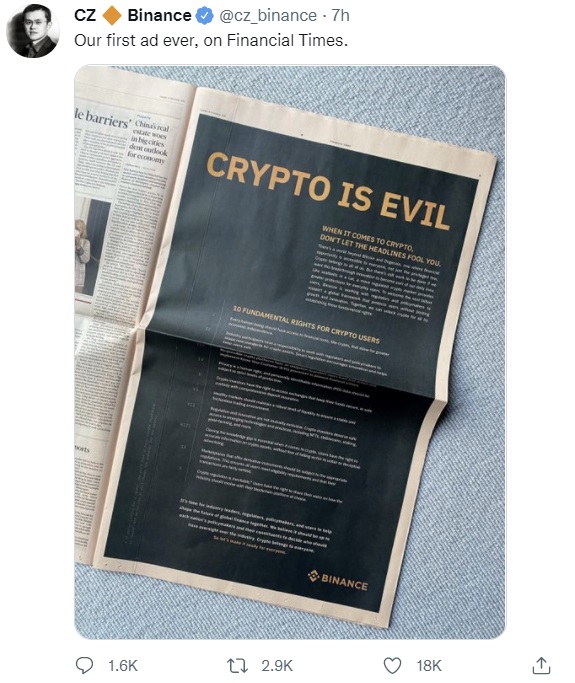 Binance pide una regulación global de las criptomonedas mientras lanza la campaña publicitaria 'Crypto Is Evil'
