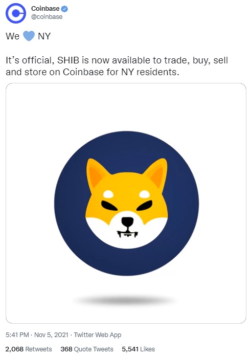 Coinbase Makes Shiba Inu Crypto Available to New York Residents After Adding SHIB Trading Pairs