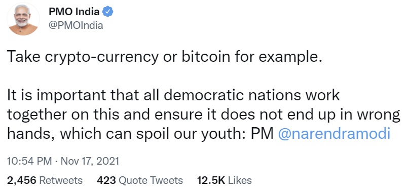 India's Prime Minister Narendra Modi Urges Countries to Collaborate on Cryptocurrency Like Bitcoin