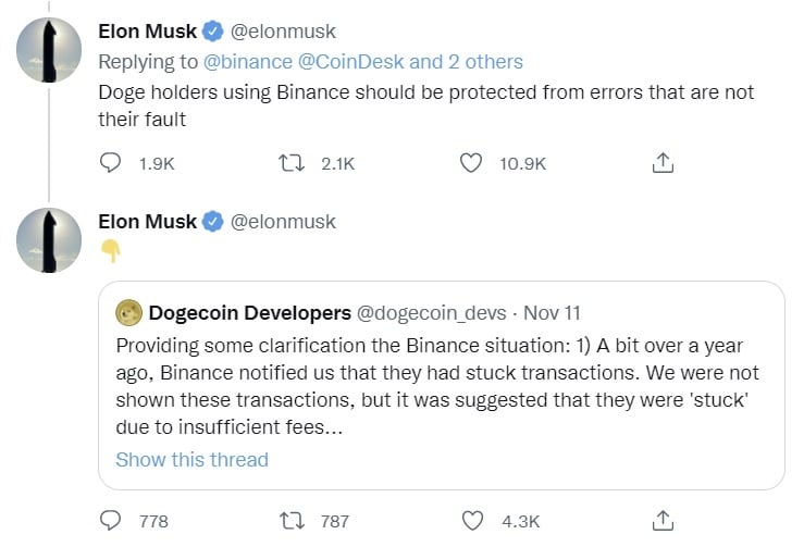 Elon Musk called Binance's Dogecoin issue 