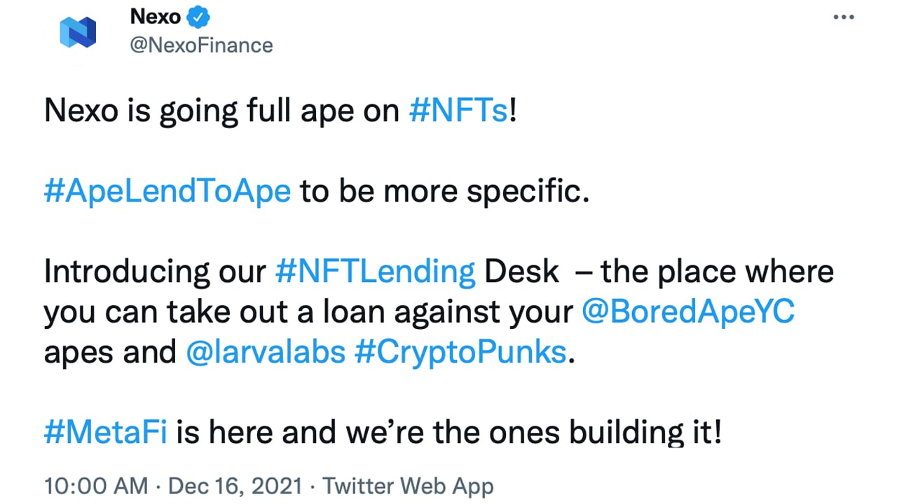 Crypto Lender Nexo launches NFT Lending Desk, providing up to 20% loans for popular NFTs