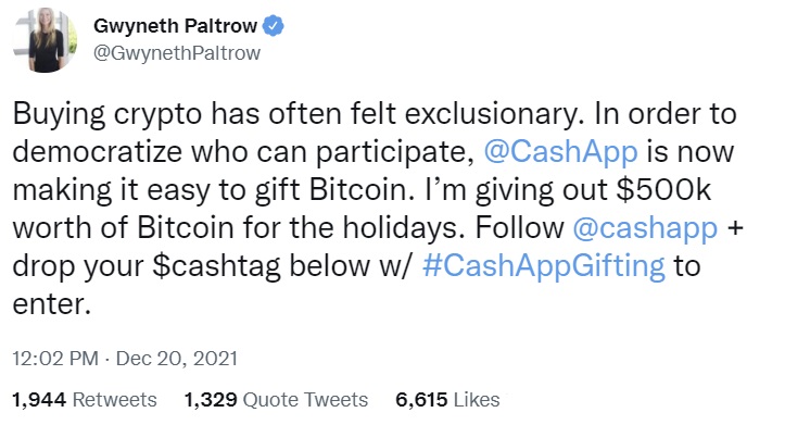 Bitcoin Giveaway: Actress Gwyneth Paltrow Gives Away $550K in BTC for the Holidays