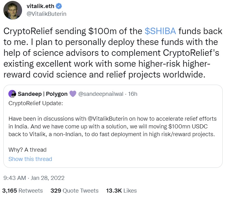 Vitalik Buterin to Use $100 Million From Crypto Relief's SHIB Funds to Accelerate Covid Relief Efforts in India