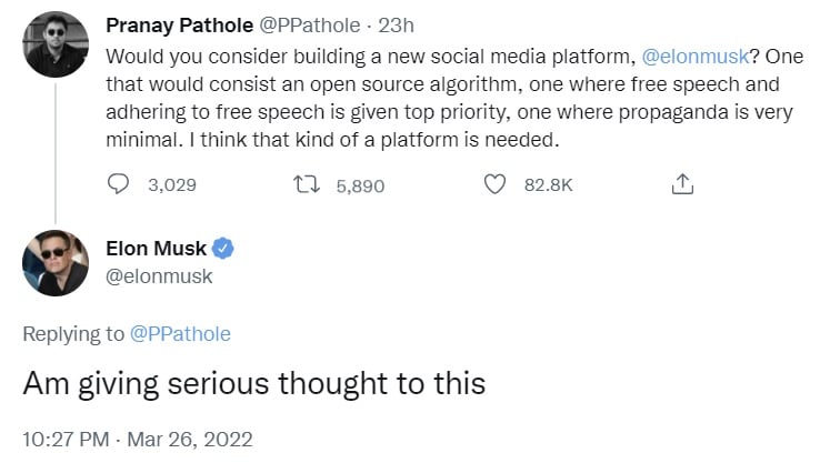 Elon Musk Giving 'Serious Thought' to Building Social Media Platform With Free Speech as Top Priority