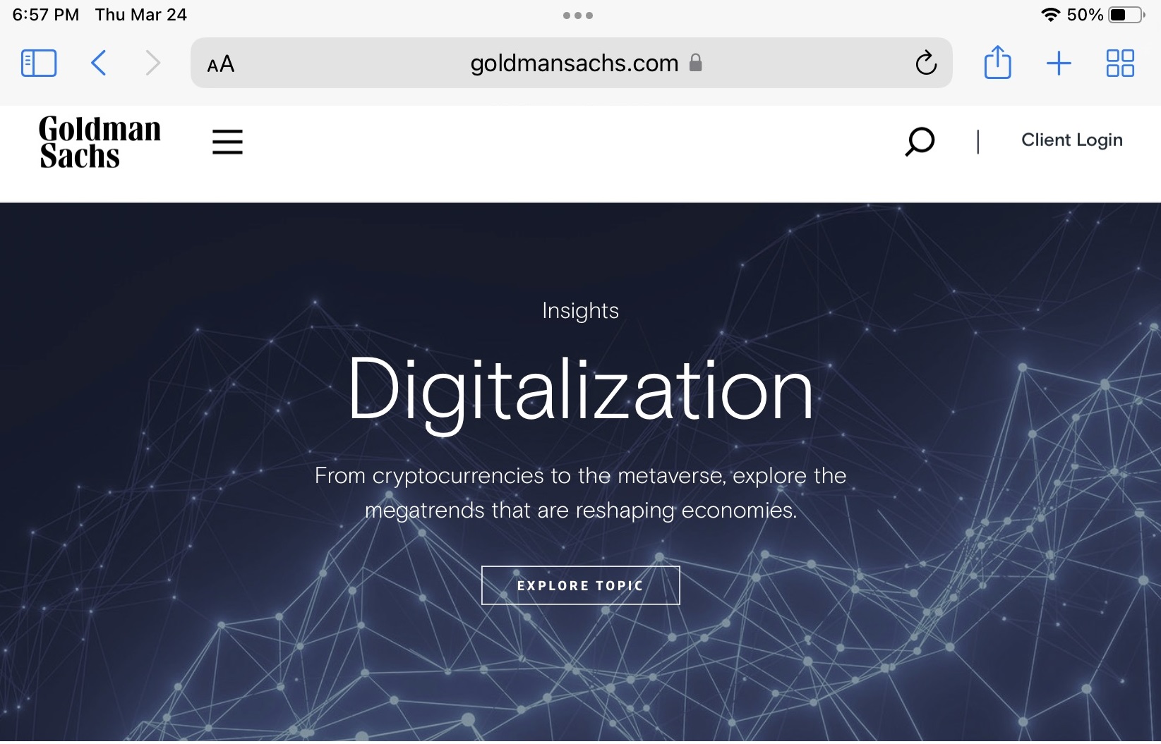 Goldman Sachs presenta criptomonedas, metaverso, digitalización en su página de inicio