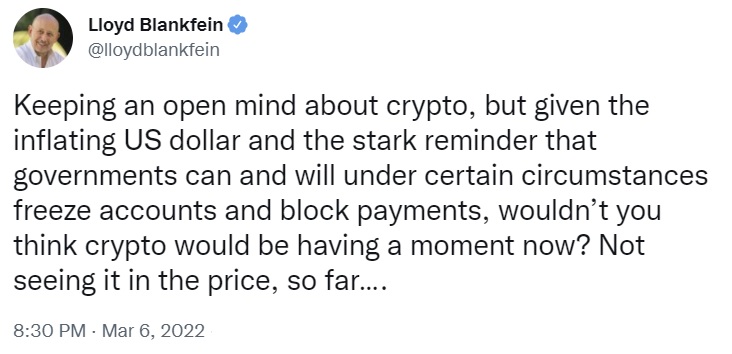lloyd blankfein tweet1 Goldman Sachs’ Blankfein Asks Why Crypto Isn’t Having a Moment Despite Inflating US Dollar, Freeze Orders