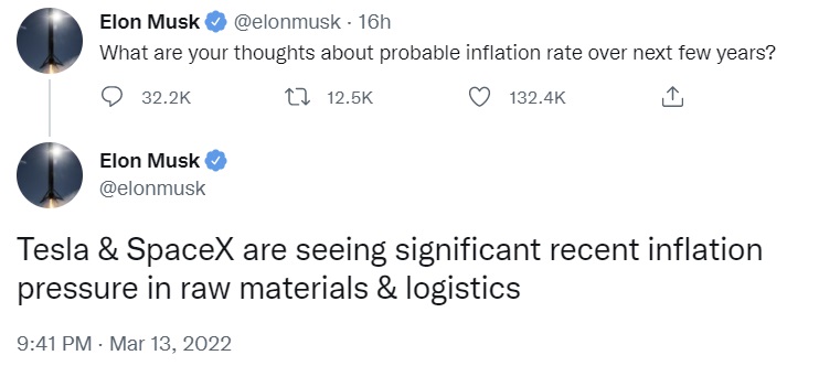 Elon Musk dit que Tesla et Spacex voient une pression inflationniste importante et confirme qu'il ne vendra pas de crypto
