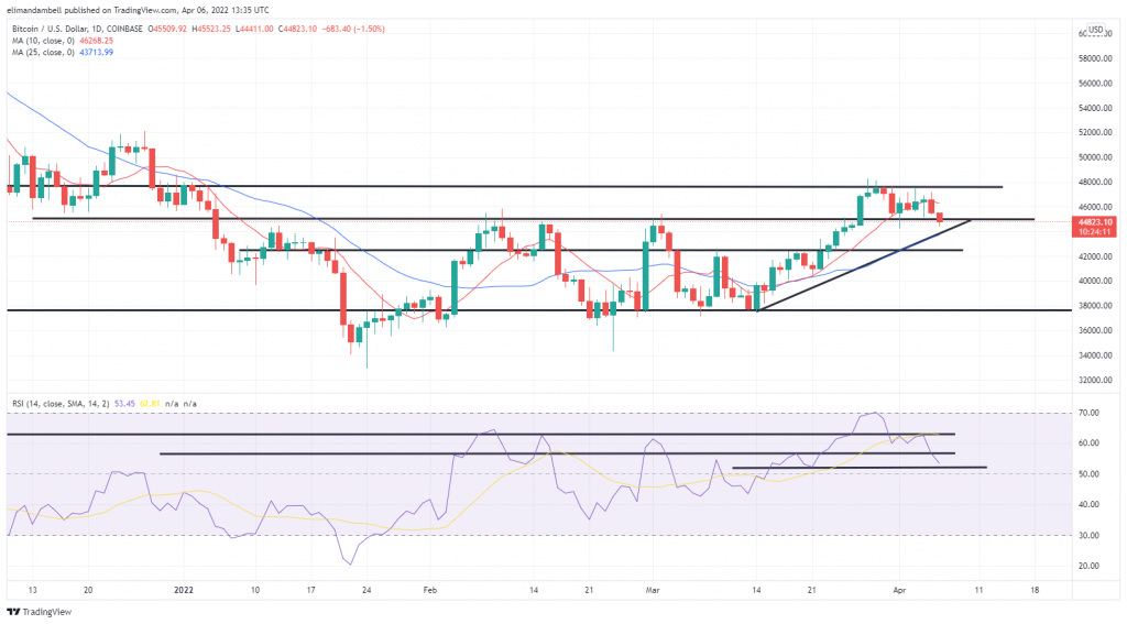 Bitcoin, Ethereum Technical Analysis: BTC Falls Below $  45,000 Ahead of FOMC Minutes, ETH Extends Recent Losses