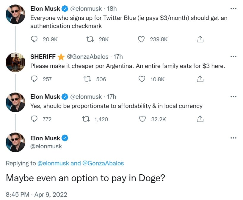 Elon Musk proposes making Dogecoin a payment option for Twitter Blue services