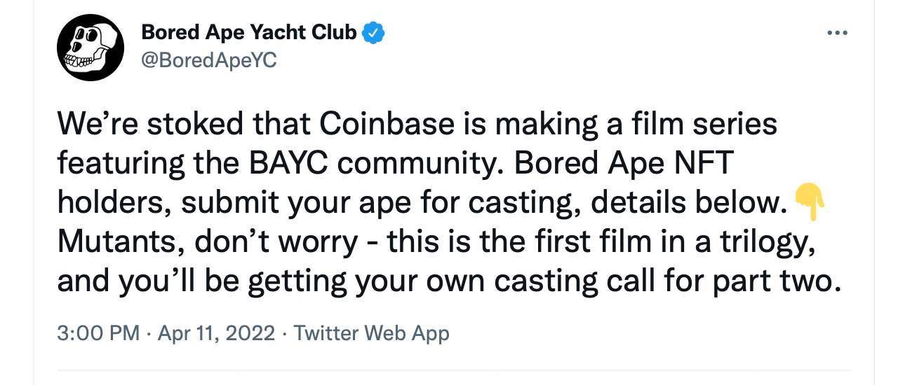 Coinbase Is Creating a Film Trilogy Featuring Bore Ape Yacht Club NFT Characters